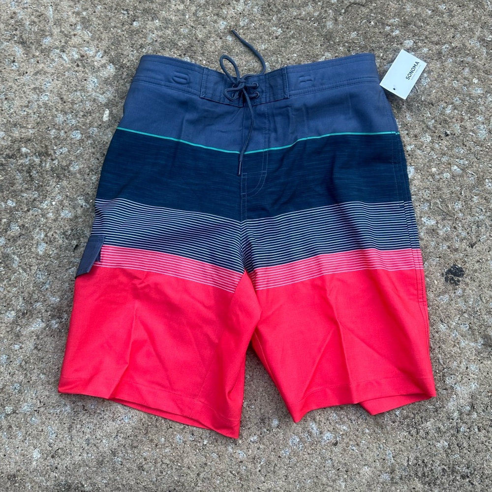 Sonoma mens swim trunks. Red white and blue. Size small.